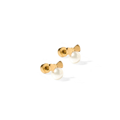 Pearl bow stud screw back earrings 