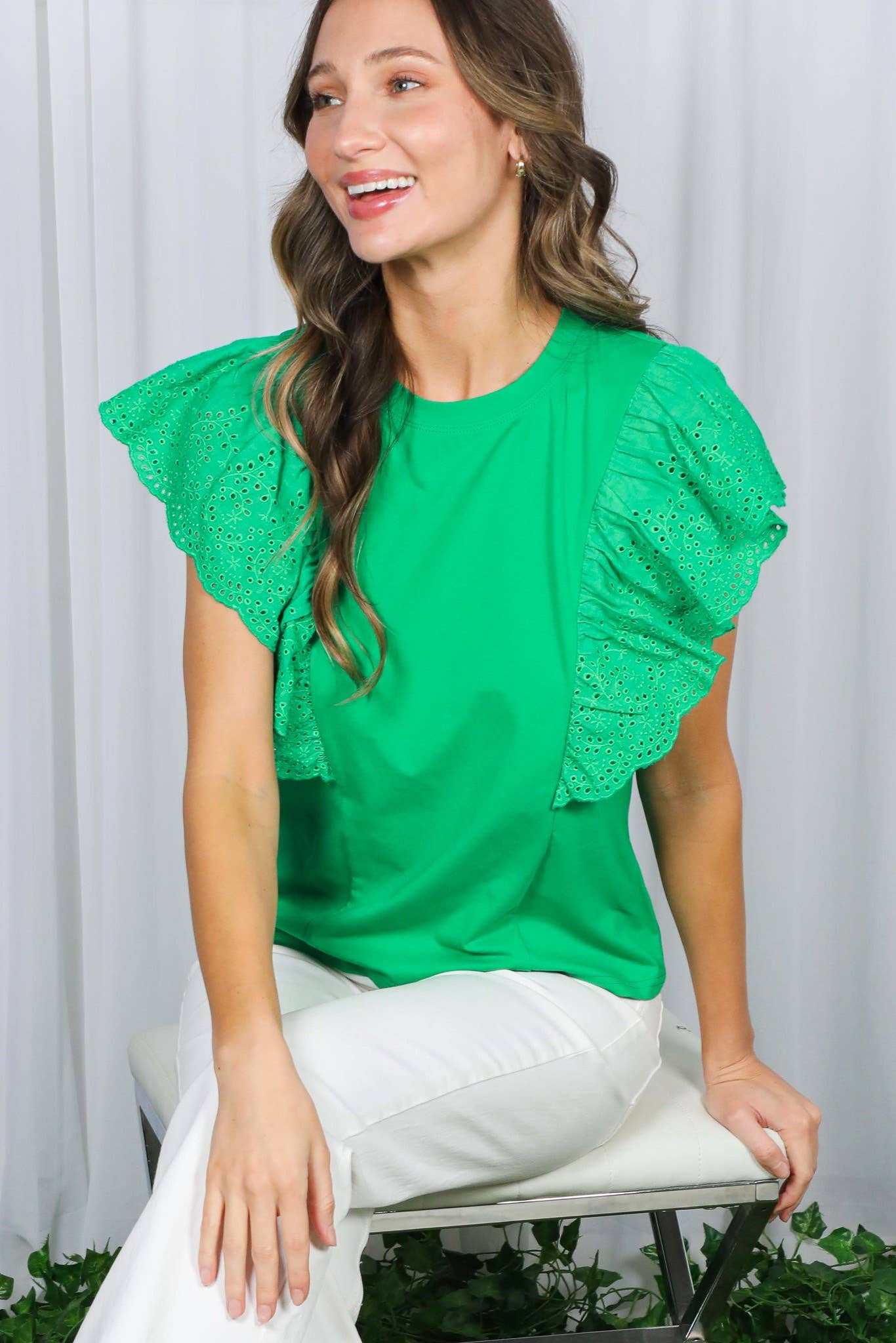 Flutter Sleeve With Scalloped Eyelet Lace Cotton Top VT82322 Vine &amp; Love