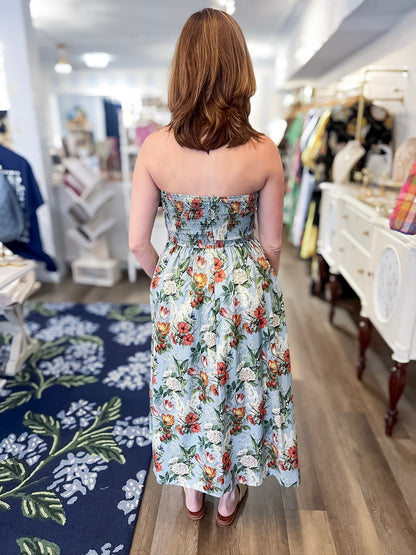 Bluebell Lane Strapless Midi Dress - Blue Entro