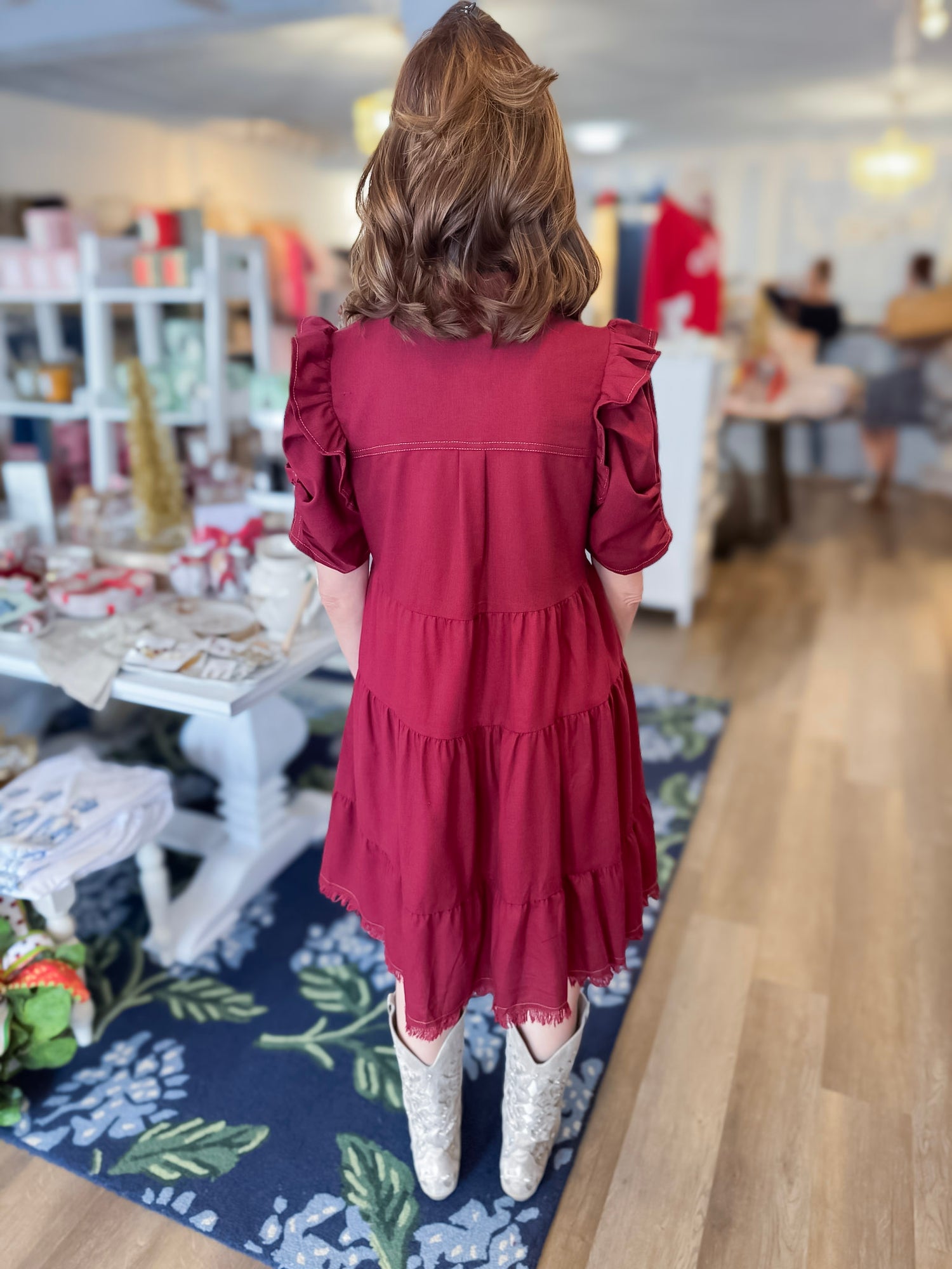 Crimson Ruffle Linen Dress gigio