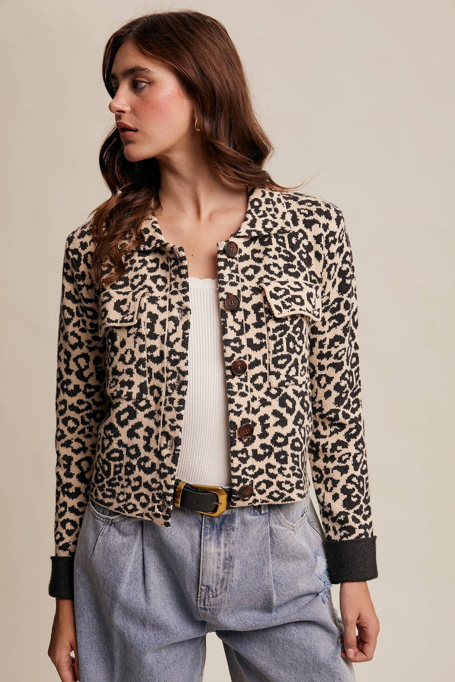Leopard Knit Button-Up Jacket
