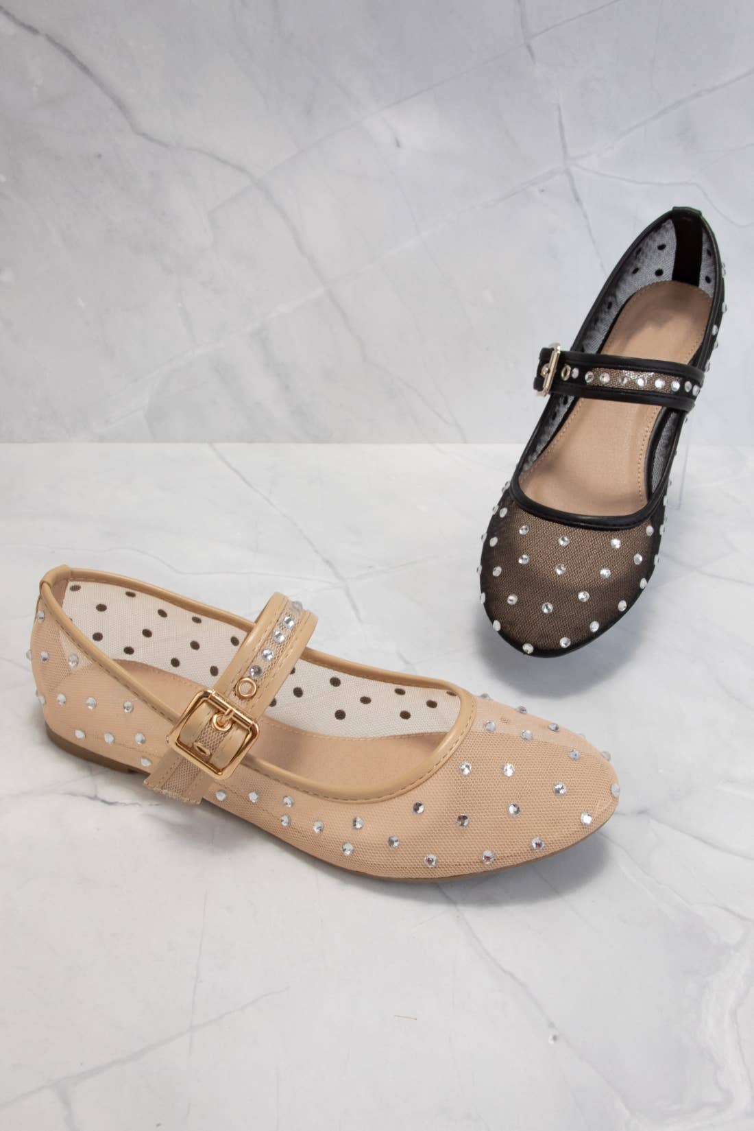 RHINESTONE EMBELLISHED MESH MARY JANE FLATS