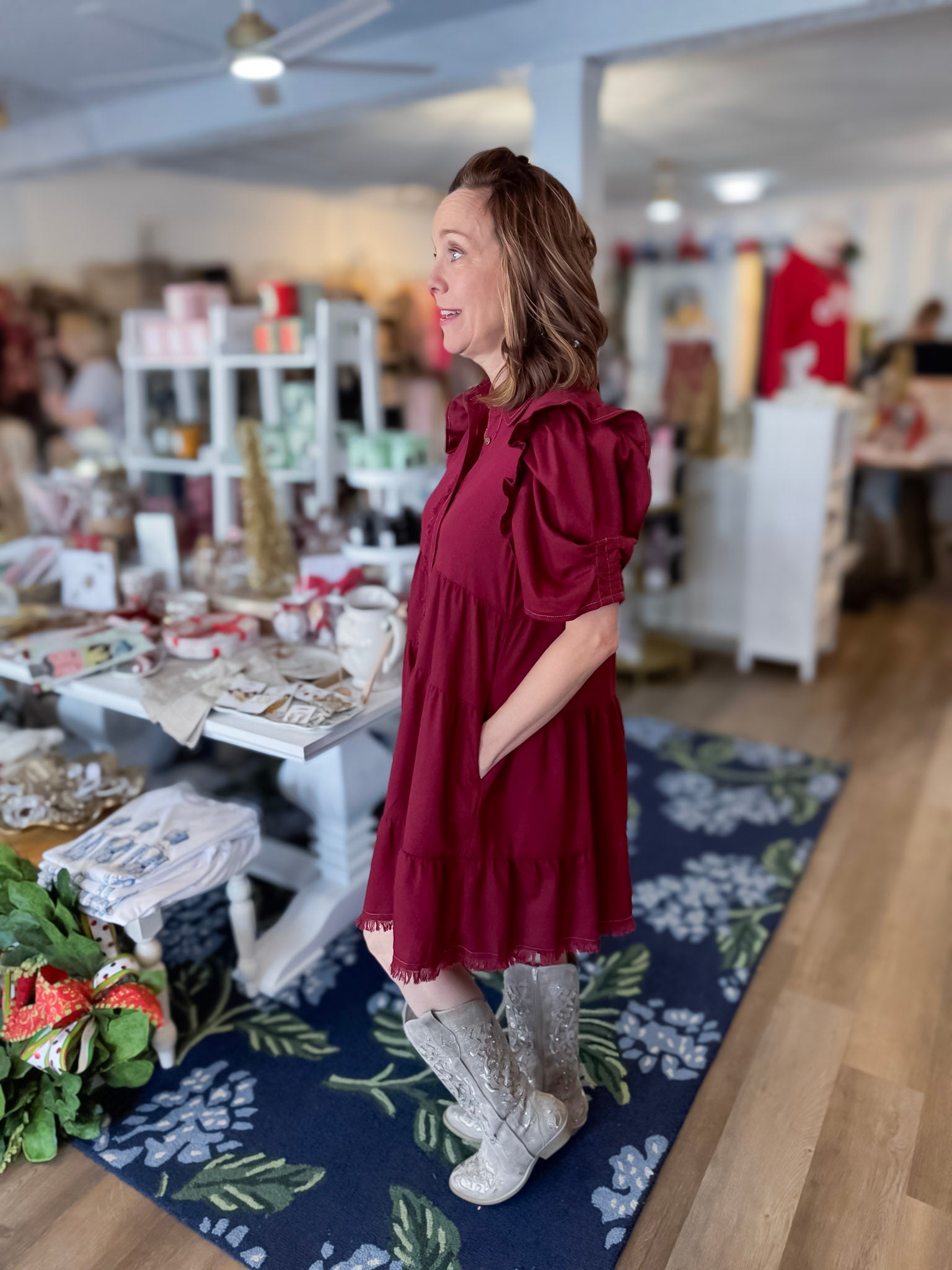 Crimson Ruffle Linen Dress gigio