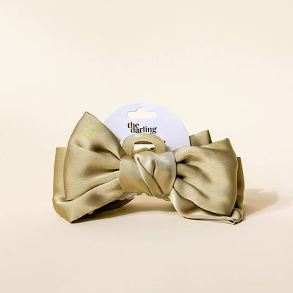 Green satin bow claw clip