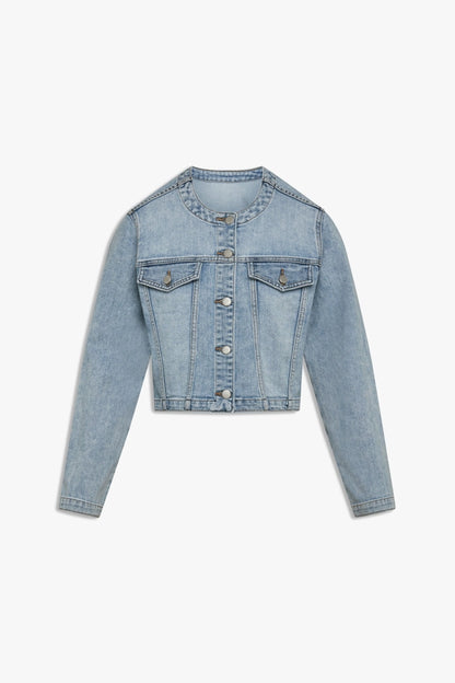 Effortless Edge Collarless Denim Jacket
