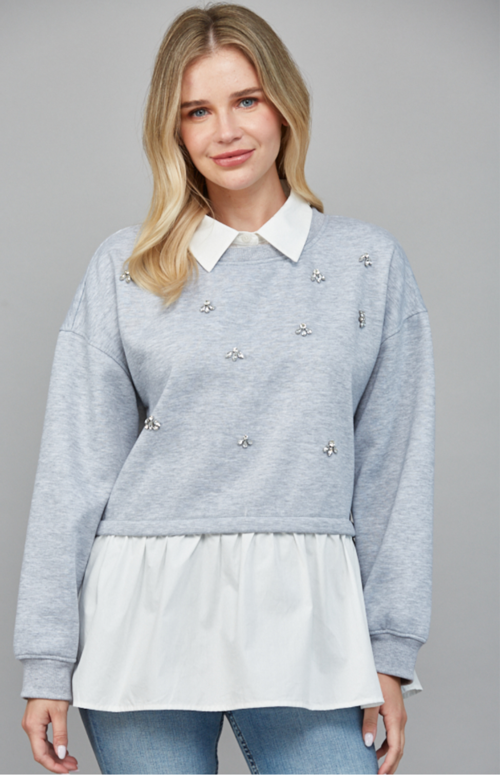 Pearl Prep Pullover in heather gray with pearl embellishments, white collar, and layered shirt hem