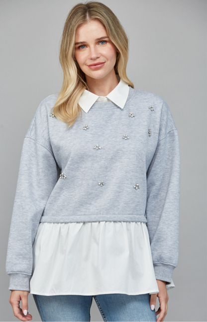 Pearl Prep Pullover in heather gray with pearl embellishments, white collar, and layered shirt hem