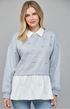 Pearl Prep Pullover in heather gray with pearl embellishments, white collar, and layered shirt hem