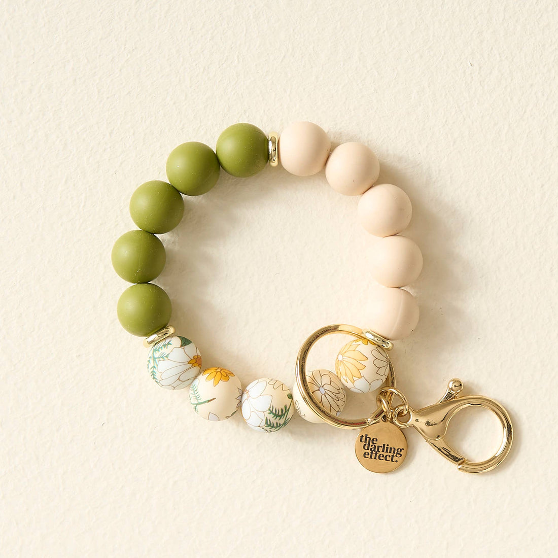 Green beige and floral wristlet keychain