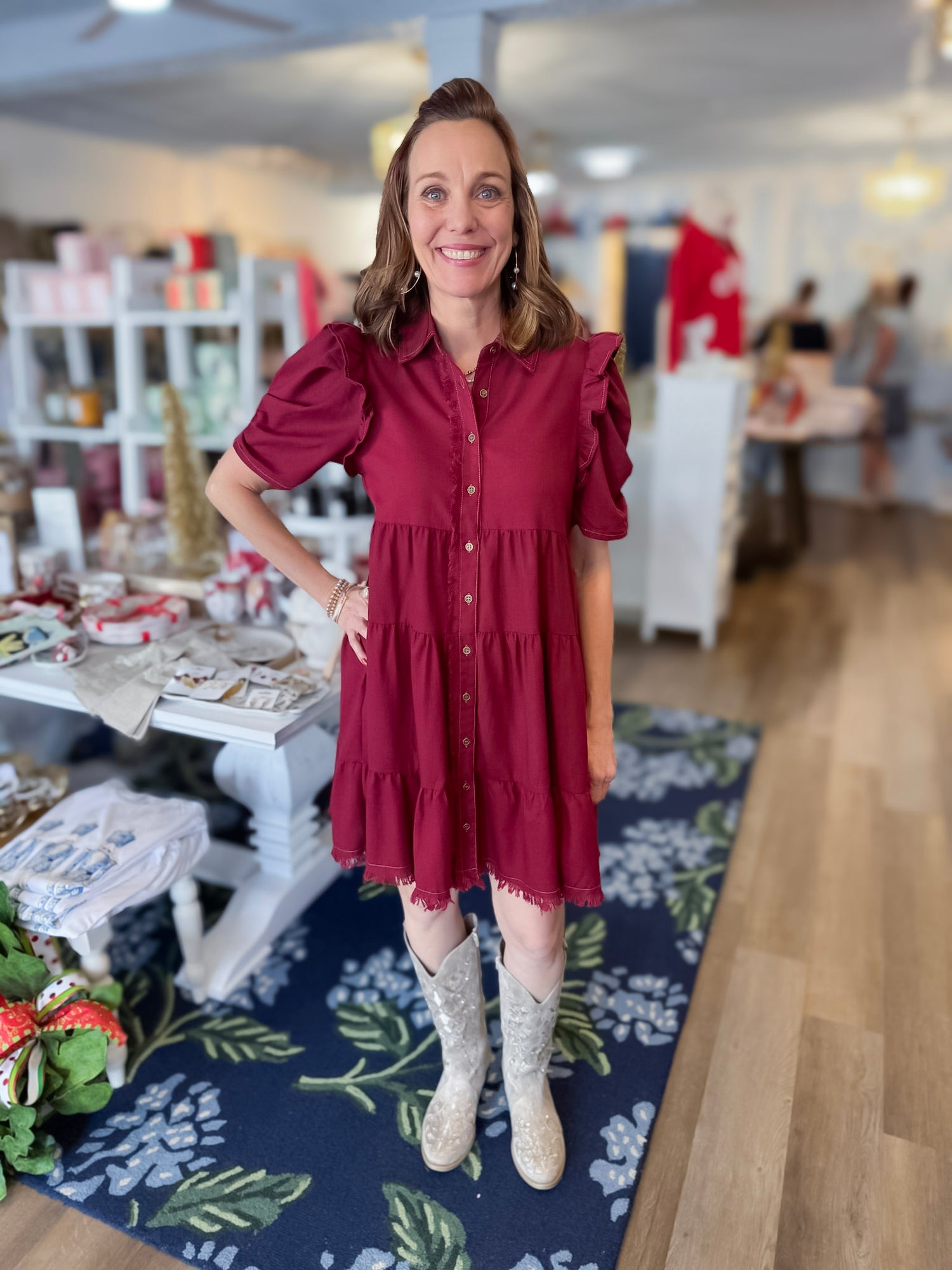 Crimson Ruffle Linen Dress gigio
