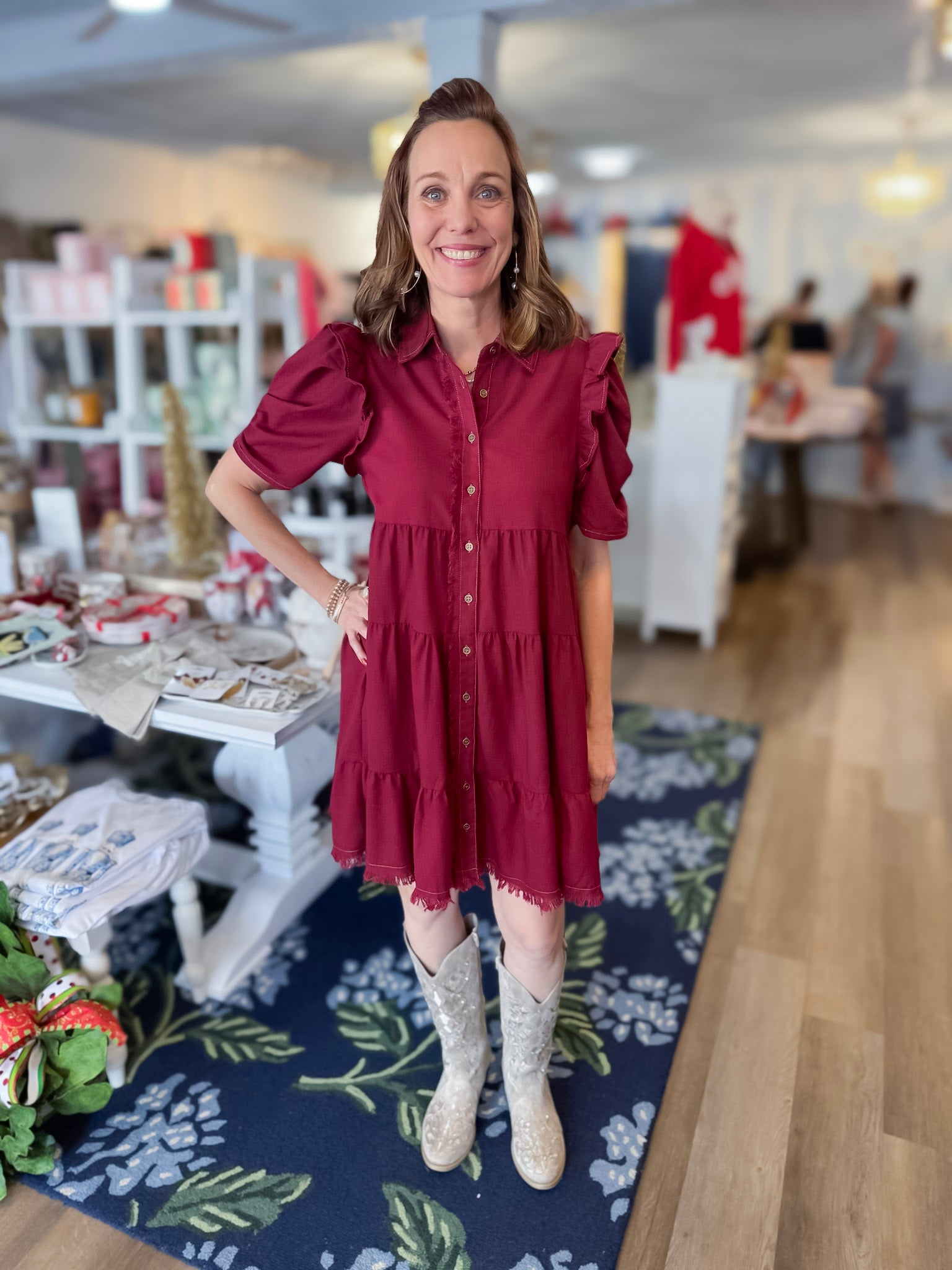 Crimson Ruffle Linen Dress gigio