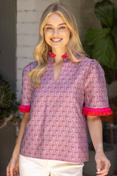 Jacqaurd Petal Print Contrast Ruffle Top