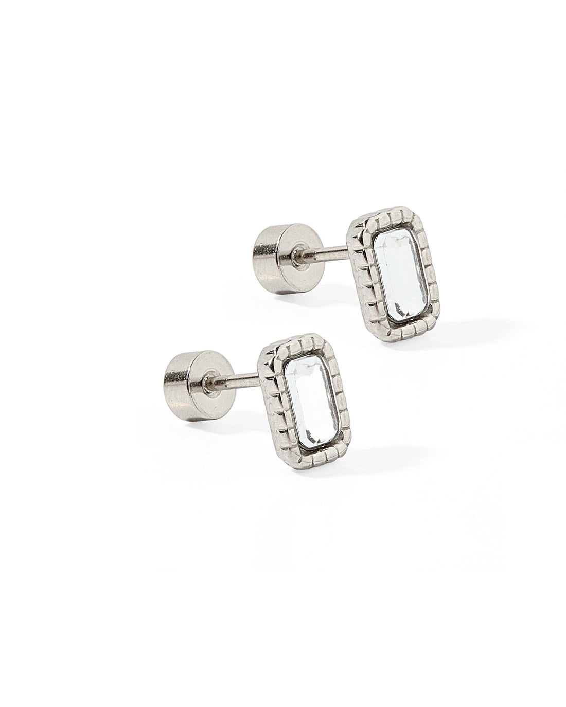 Silver rectangle crystal stud earrings