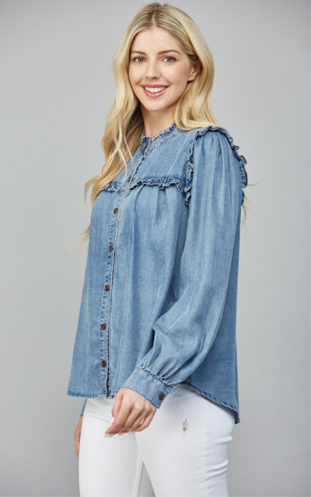 Bluebird Ruffle Denim Top Threads of Grace