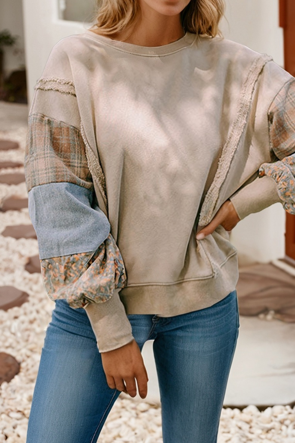 LDC Sandalwood Plaid Patchwork Sleeve Raw Seam Sweatshirt