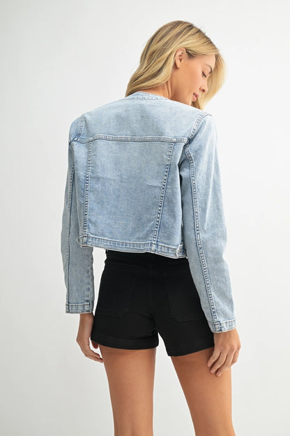 Effortless Edge Collarless Denim Jacket