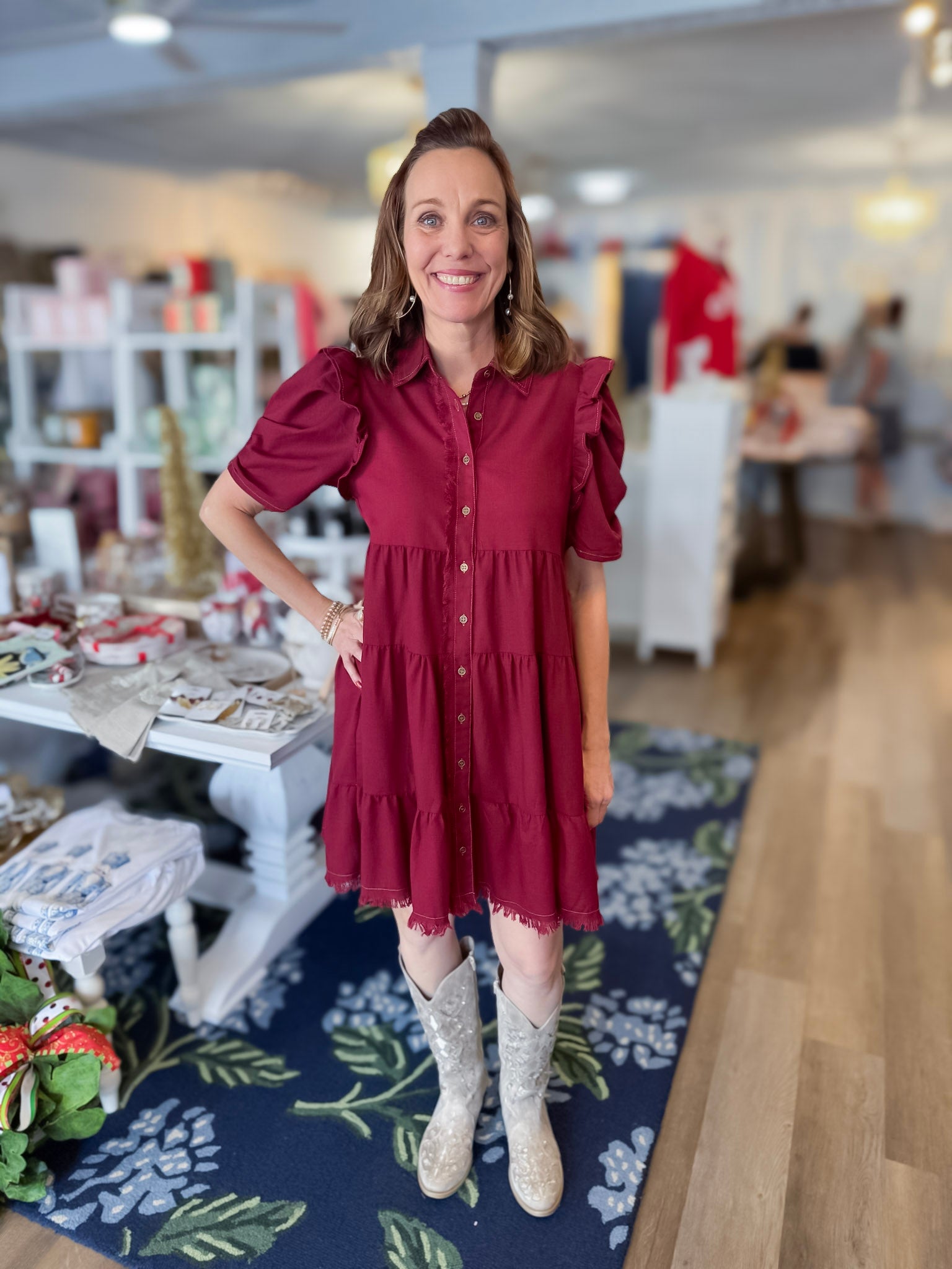 Crimson Ruffle Linen Dress gigio
