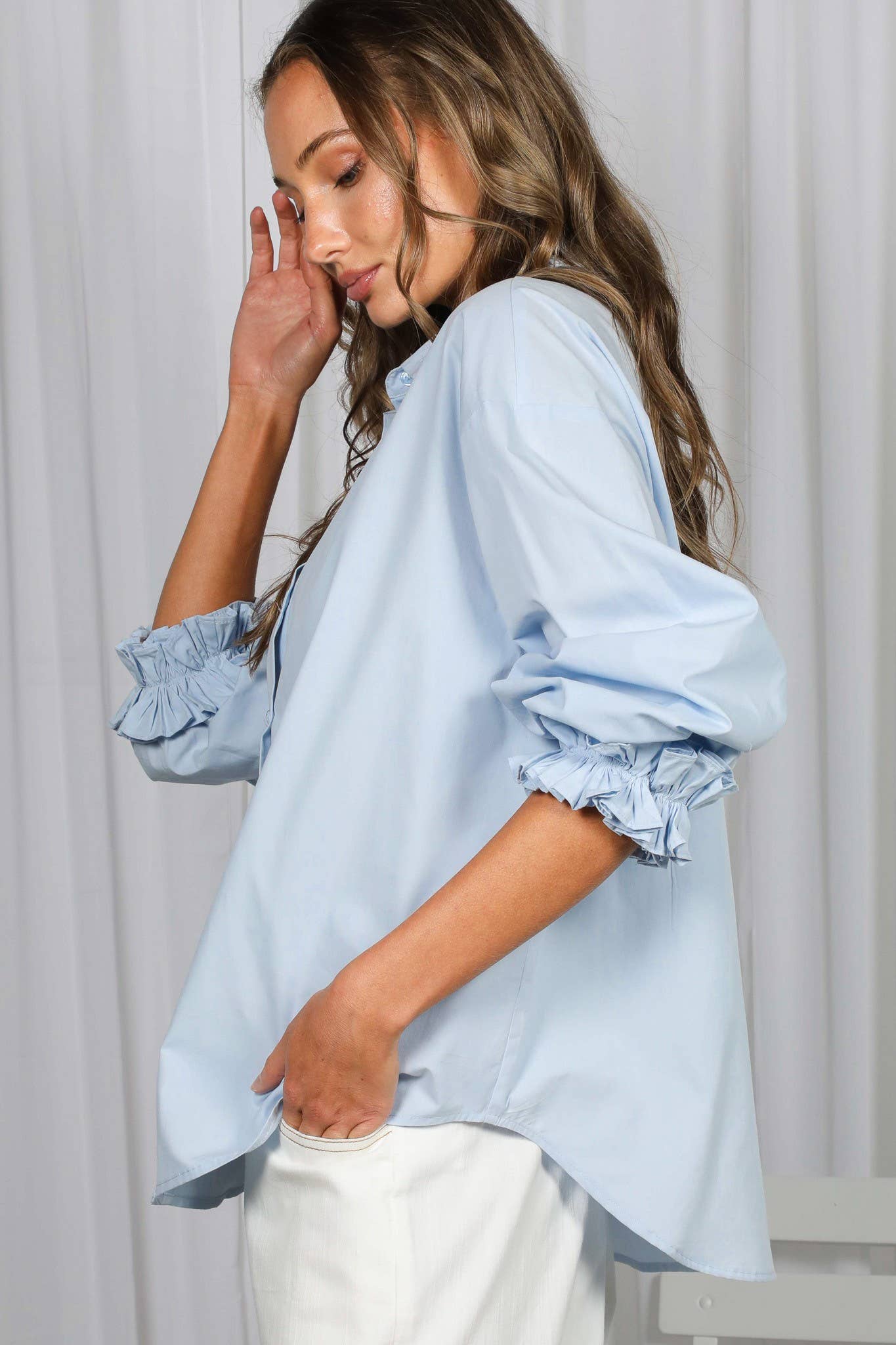Ruffled Cuffs Accent Oversized 100%Cotton Shirt Top VT83256 Vine &amp; Love