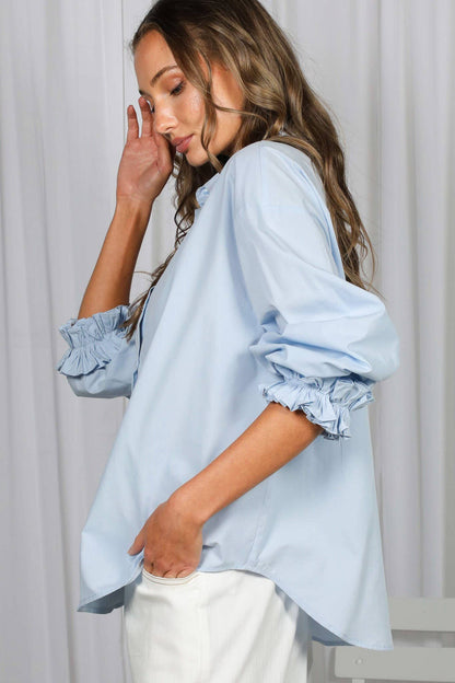 Ruffled Cuffs Accent Oversized 100%Cotton Shirt Top VT83256 Vine &amp; Love