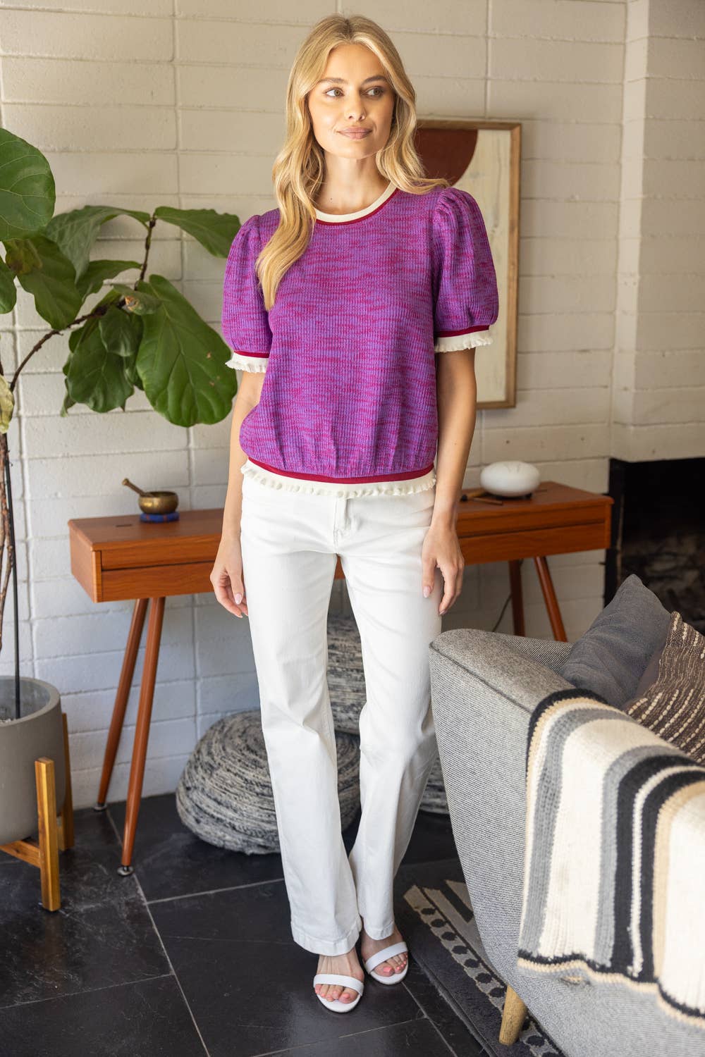 Purple Ruffle Stripe Cuff and Hem Ribbed Sweater Top