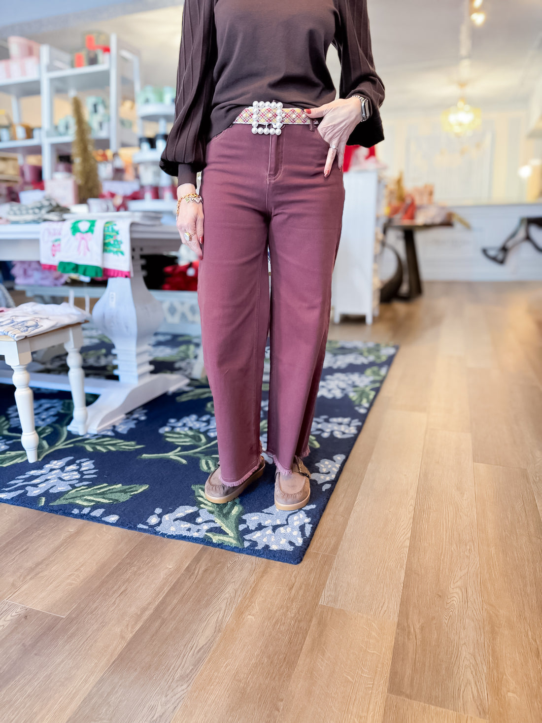 Vintage Wine Fray Hem Twill Pants Threads of Grace