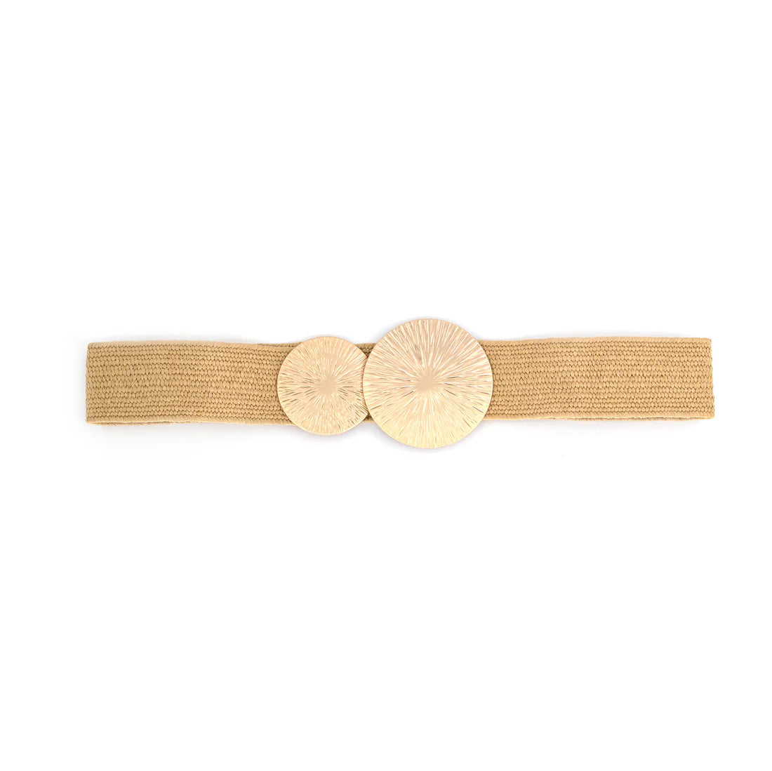 A belt that features a sleek elastic band for a comfortable fit and a duo of golden sunburst discs. Comes in a tan, golden color and black. 