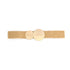 A belt that features a sleek elastic band for a comfortable fit and a duo of golden sunburst discs. Comes in a tan, golden color and black. 