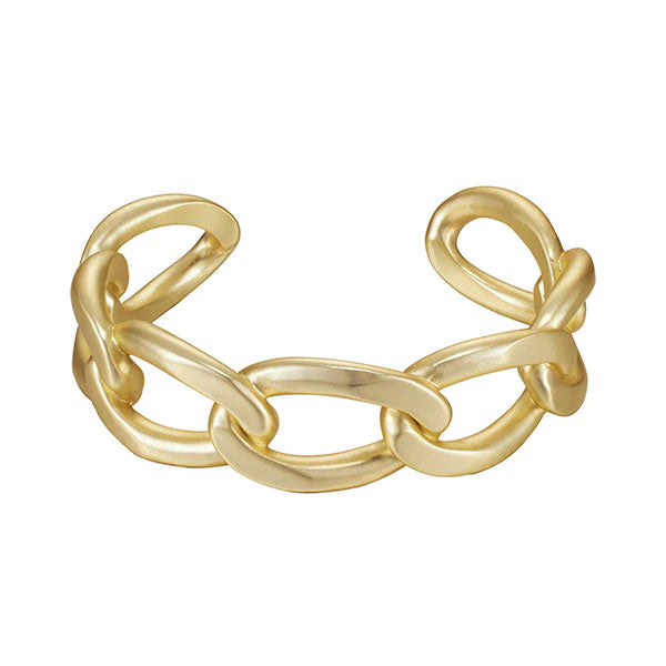 cuff features a matte gold plating and is designed with a curb link style