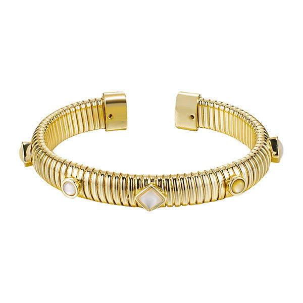 cuff is composed of a flexible omega band, featuring gold plating and inlaid with mother of pearl