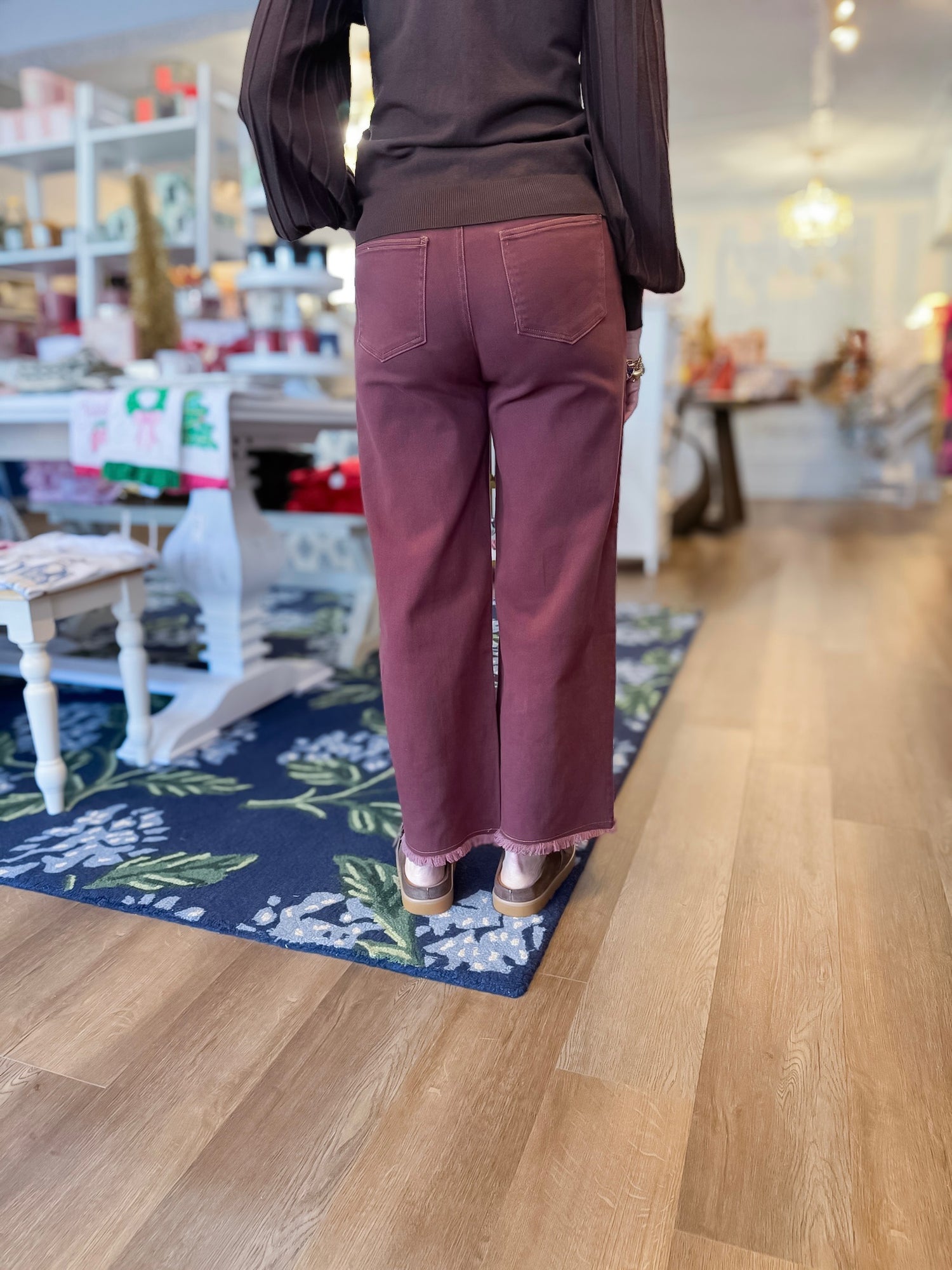 Vintage Wine Fray Hem Twill Pants Threads of Grace