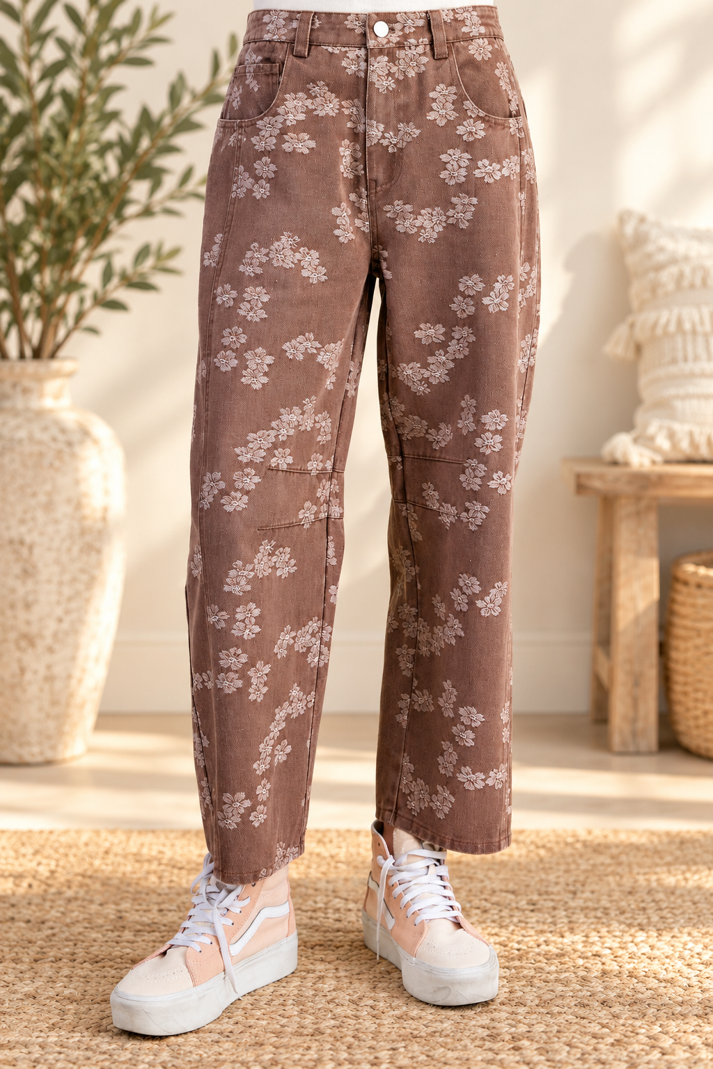 Mocha Meadow Barrel Jeans Easel