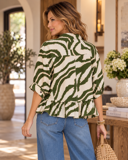 Wild Side Ruffle Top - Olive Entro