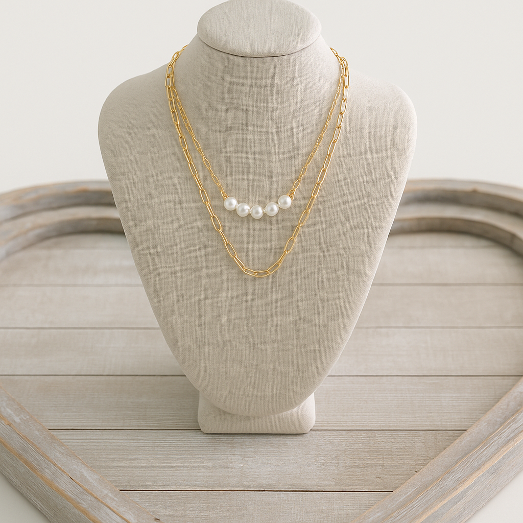 gold layered link necklace with 5 small pearls