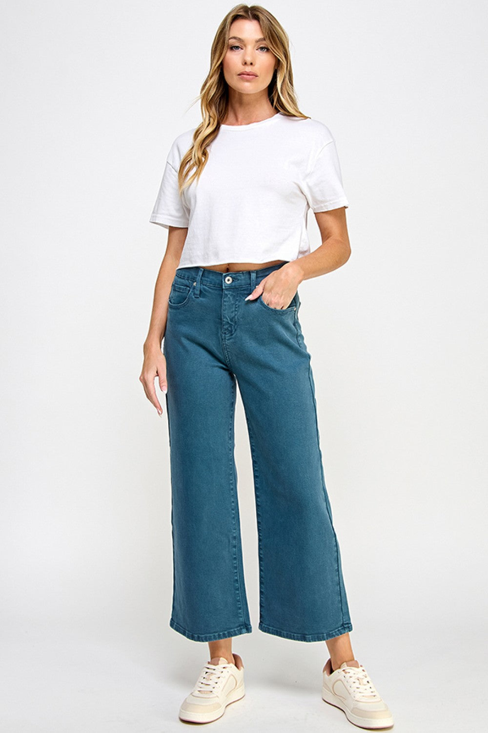 teal high-rise crop boot cut jeans