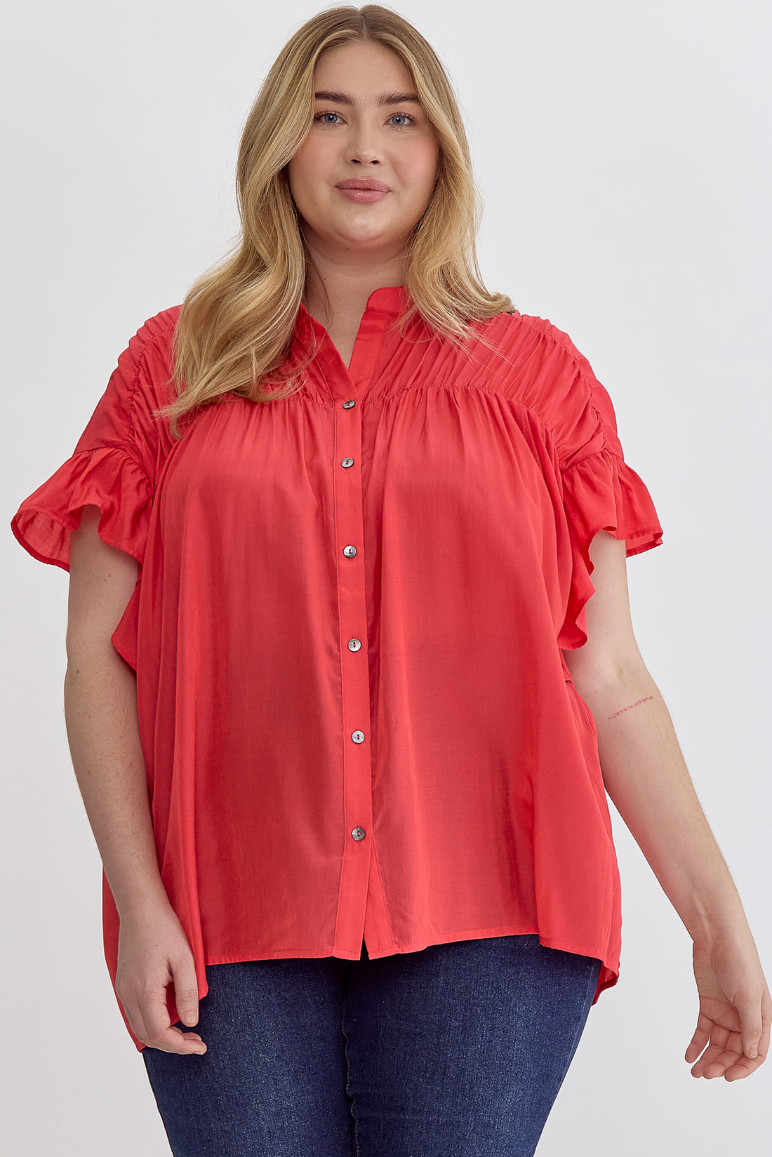 Button up red ruffle top