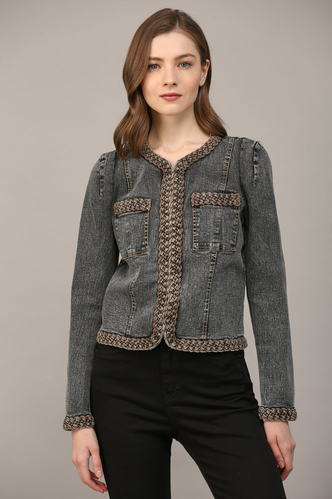 Black wash denim jacket with braided detail 