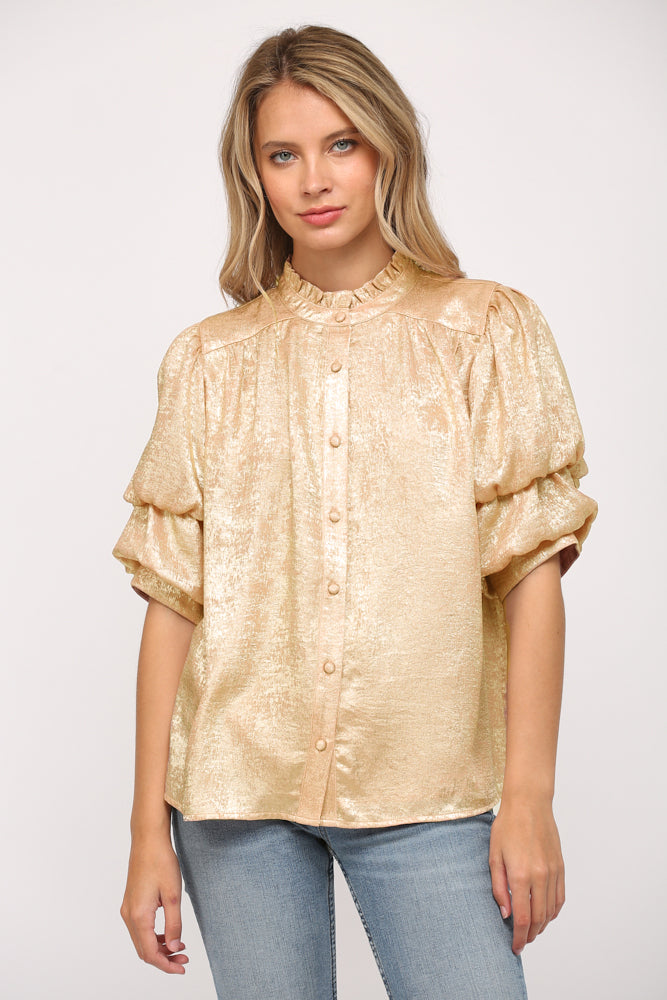 foiled woven fabric short blouse with tiered sleeves