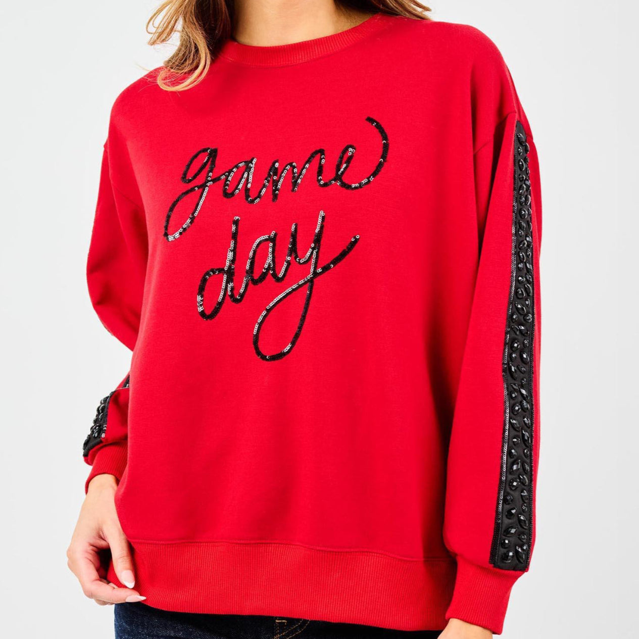 Red and black sequin game day sweatshirt 