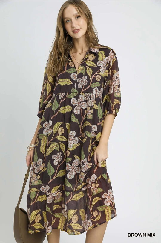 Mid sleeve midi dress Featuring a rich brown mix with oversized botanical florals in warm gold, olive, and cream tones