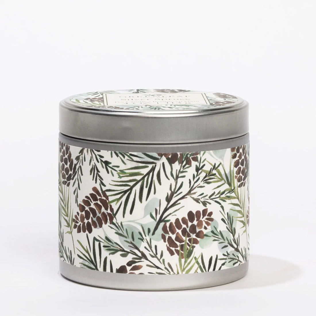 Silver spruce scented holiday tin candle 