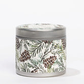 Silver spruce scented holiday tin candle 