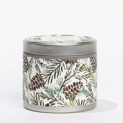 Silver spruce scented holiday tin candle 