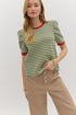 striped knit that’s anything but basic. With olive and cream stripes and bold rust red contrast trim at the collar and cuffs