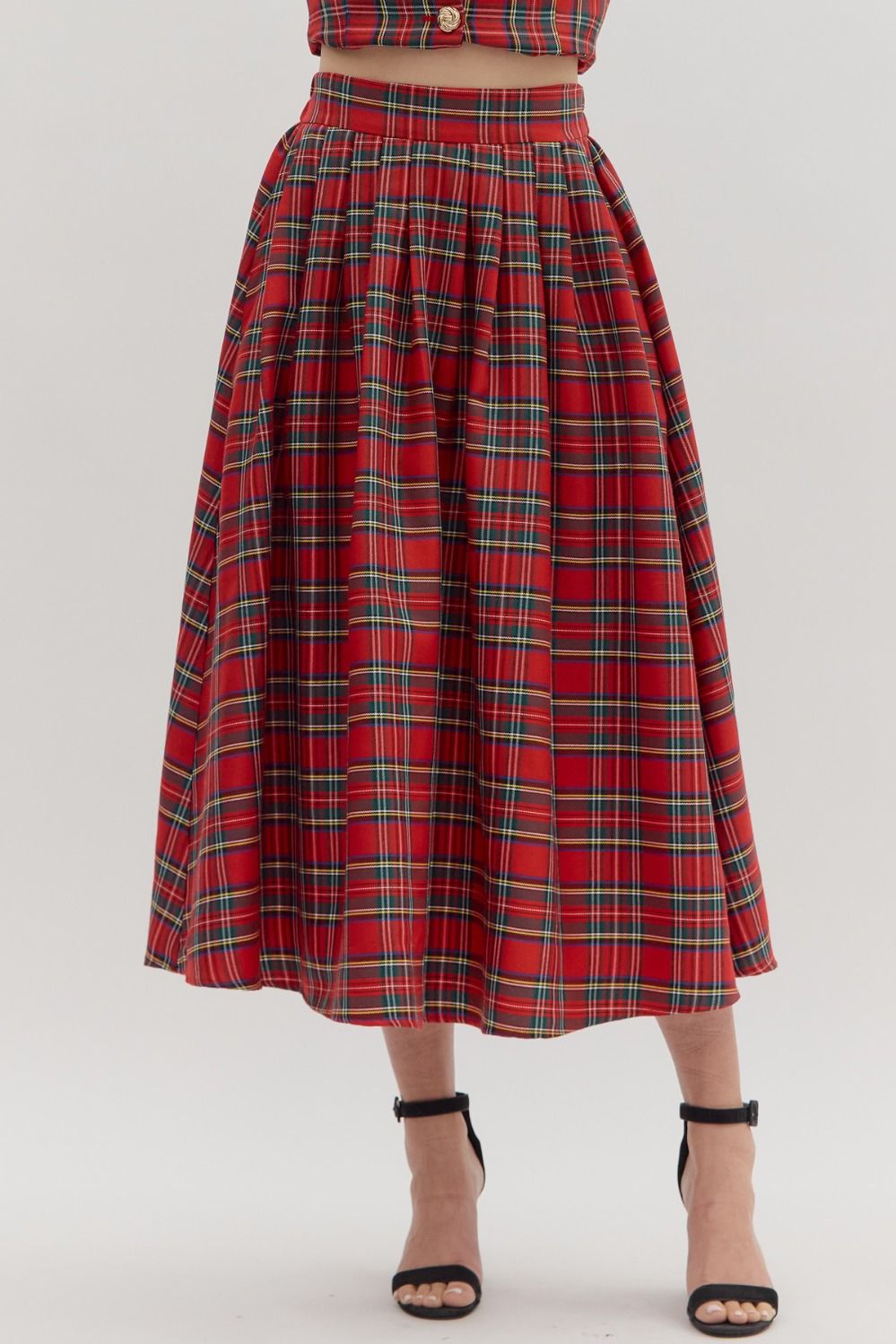 Red plaid midi skirt 