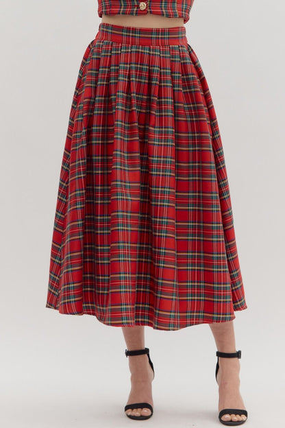 Red plaid midi skirt 