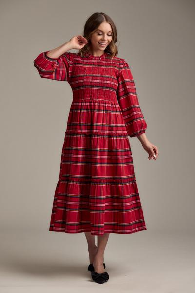 Red plaid long sleeve midi dress 