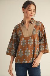 3/4 sleeve blouse with v neck mocha autumn colors 