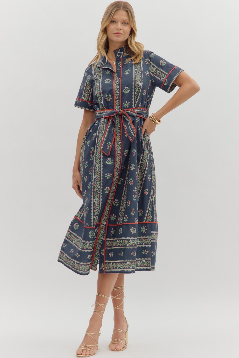 Navy Sleeve button down dress with tie strap on waist band