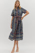 Navy Sleeve button down dress with tie strap on waist band