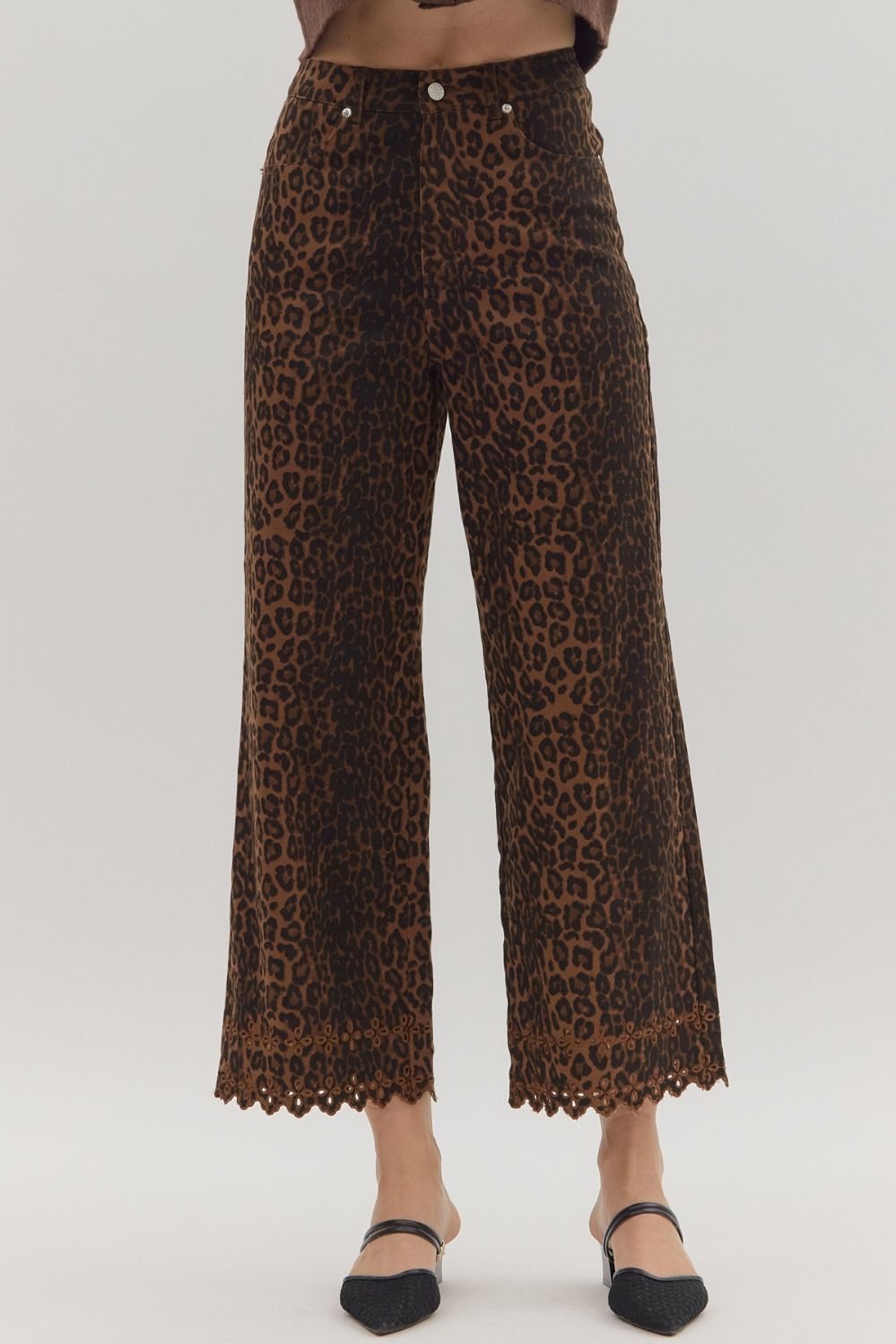 Dark Leopard print pants with trim on bottom 